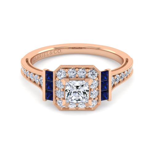 Vintage Inspired 14K Rose Gold Princess Halo Diamond and Sapphire Channel Set Engagement Ring