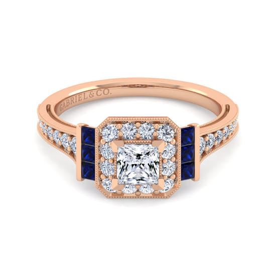 Gabriel - Vintage Inspired 14K Rose Gold Princess Halo Diamond and Sapphire Channel Set Engagement Ring