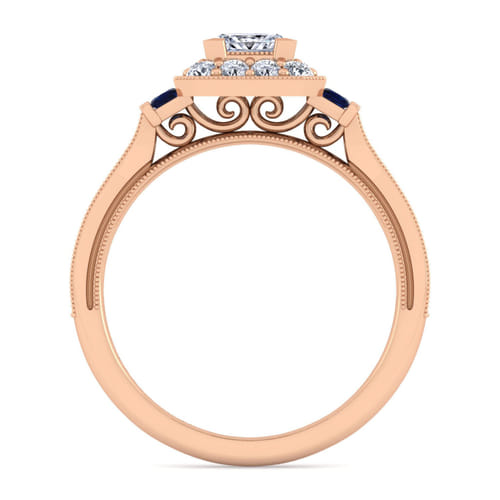 Vintage Inspired 14K Rose Gold Princess Halo Diamond and Sapphire Channel Set Engagement Ring