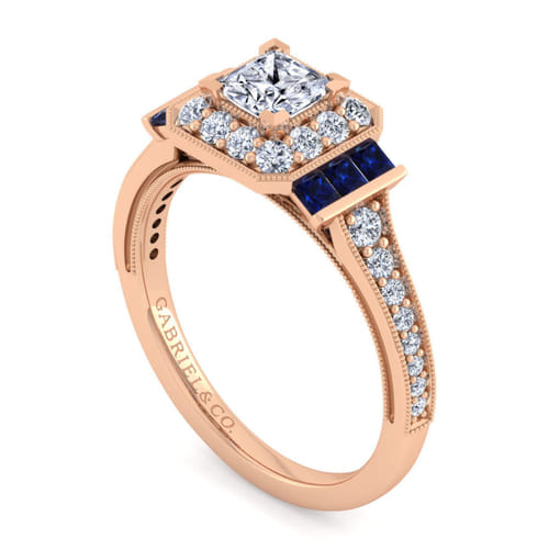 Vintage Inspired 14K Rose Gold Princess Halo Diamond and Sapphire Channel Set Engagement Ring