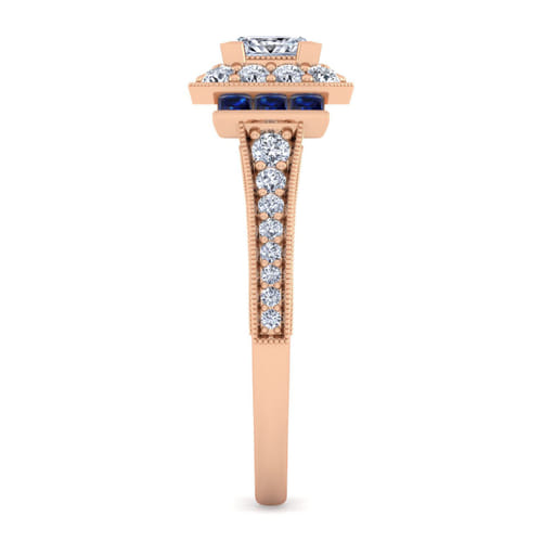 Vintage Inspired 14K Rose Gold Princess Halo Diamond and Sapphire Channel Set Engagement Ring