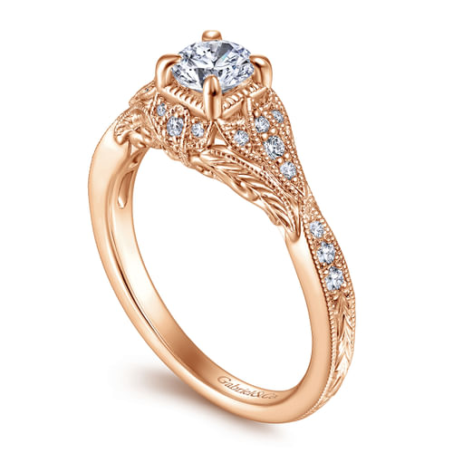 Vintage Inspired 14K Rose Gold Round Halo Complete Diamond Engagement Ring
