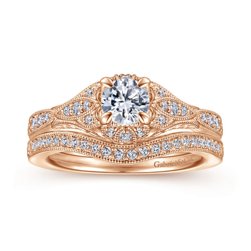 Vintage Inspired 14K Rose Gold Round Halo Complete Diamond Engagement Ring