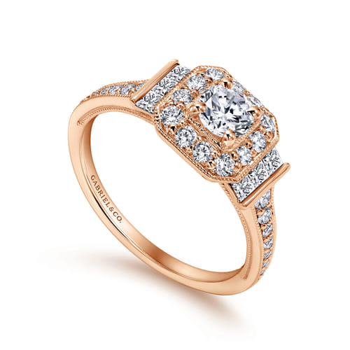 Vintage Inspired 14K Rose Gold Round Halo Diamond Engagement Ring