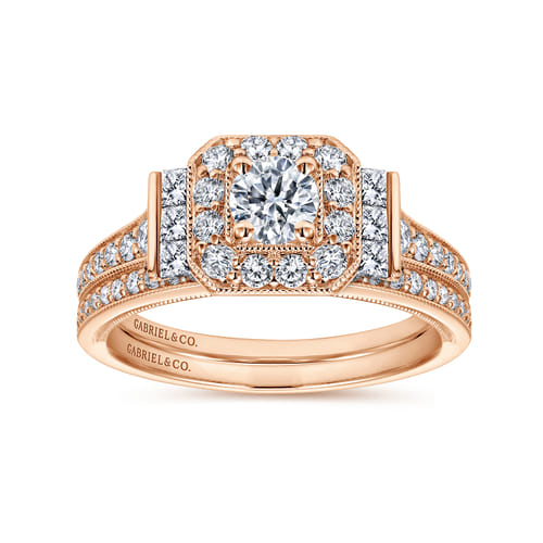 Vintage Inspired 14K Rose Gold Round Halo Diamond Engagement Ring