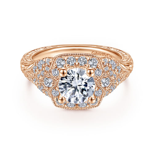 Vintage Inspired 14K Rose Gold Round Halo Diamond Engagement Ring