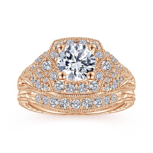 Vintage Inspired 14K Rose Gold Round Halo Diamond Engagement Ring