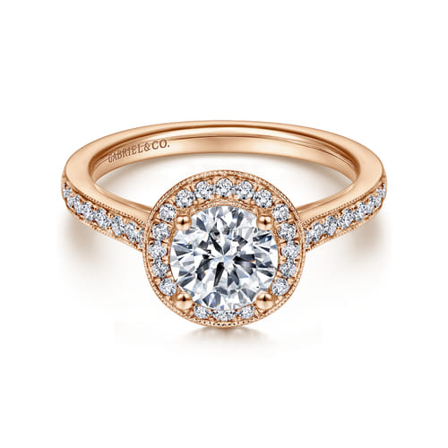 Vintage Inspired 14K Rose Gold Round Halo Diamond Engagement Ring