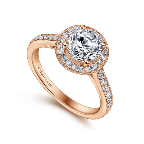 Vintage Inspired 14K Rose Gold Round Halo Diamond Engagement Ring