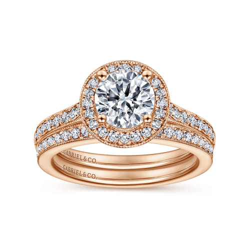 Vintage Inspired 14K Rose Gold Round Halo Diamond Engagement Ring