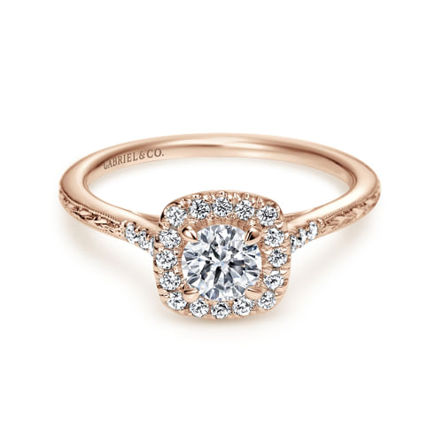Vintage Inspired 14K Rose Gold Round Halo Diamond Engagement Ring