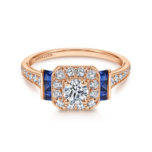 Vintage Inspired 14K Rose Gold Round Halo Diamond and Sapphire Channel Set Engagement Ring