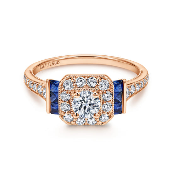 Gabriel - Vintage Inspired 14K Rose Gold Round Halo Diamond and Sapphire Channel Set Engagement Ring