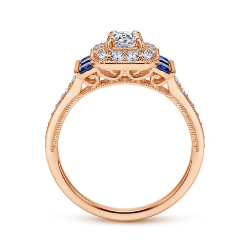 Vintage Inspired 14K Rose Gold Round Halo Diamond and Sapphire Channel Set Engagement Ring
