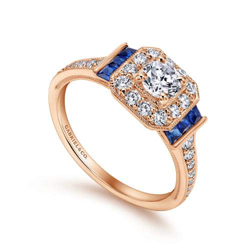 Vintage Inspired 14K Rose Gold Round Halo Diamond and Sapphire Channel Set Engagement Ring