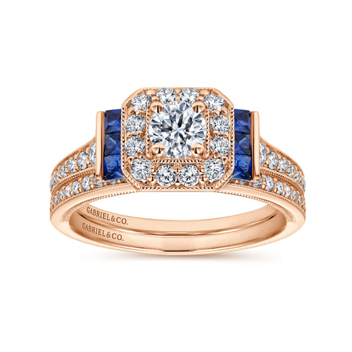 Vintage Inspired 14K Rose Gold Round Halo Diamond and Sapphire Channel Set Engagement Ring