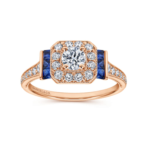 Vintage Inspired 14K Rose Gold Round Halo Diamond and Sapphire Channel Set Engagement Ring
