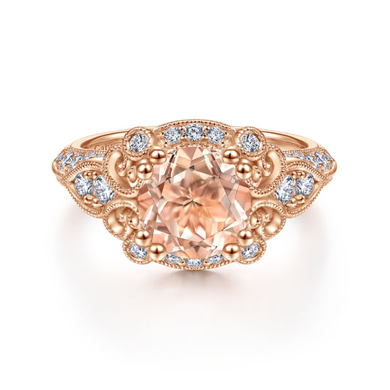 Gabriel - Vintage Inspired 14K Rose Gold Round Halo Morganite and Diamond Engagement Ring