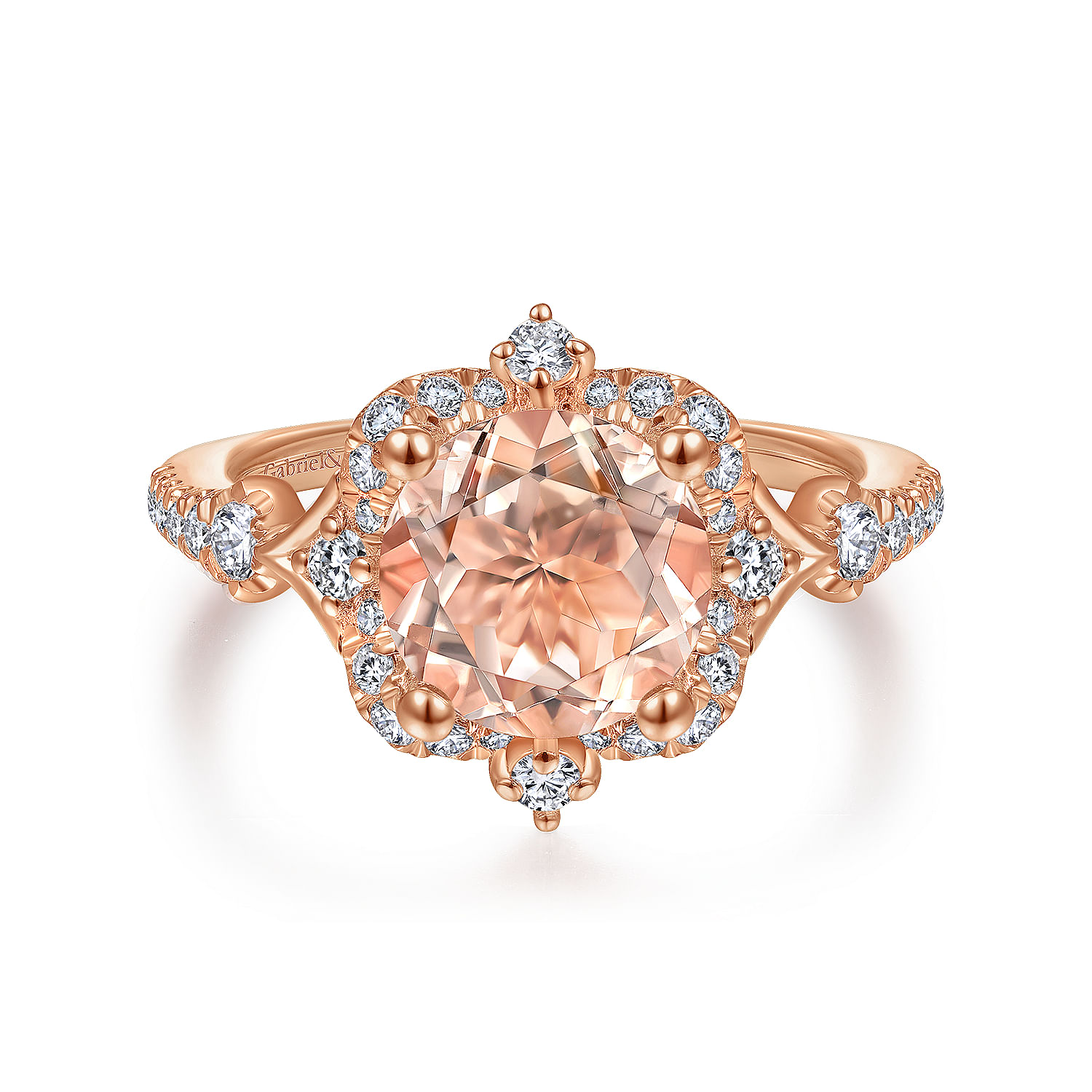 Gabriel - Vintage Inspired 14K Rose Gold Round Halo Morganite and Diamond Engagement Ring