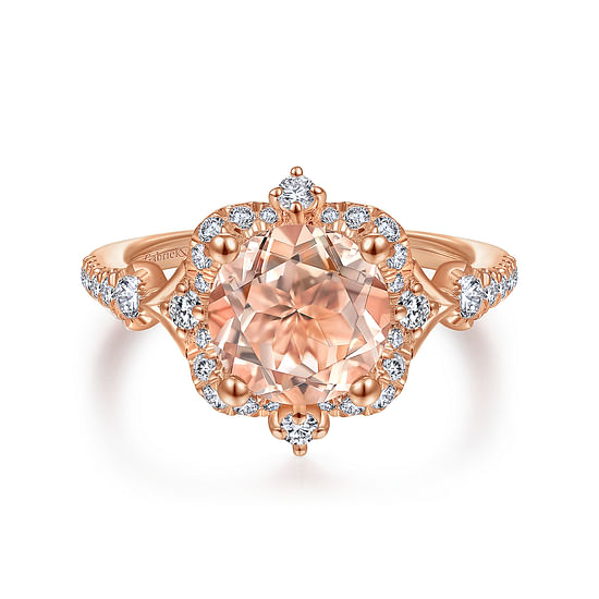 Gabriel - Vintage Inspired 14K Rose Gold Round Halo Morganite and Diamond Engagement Ring