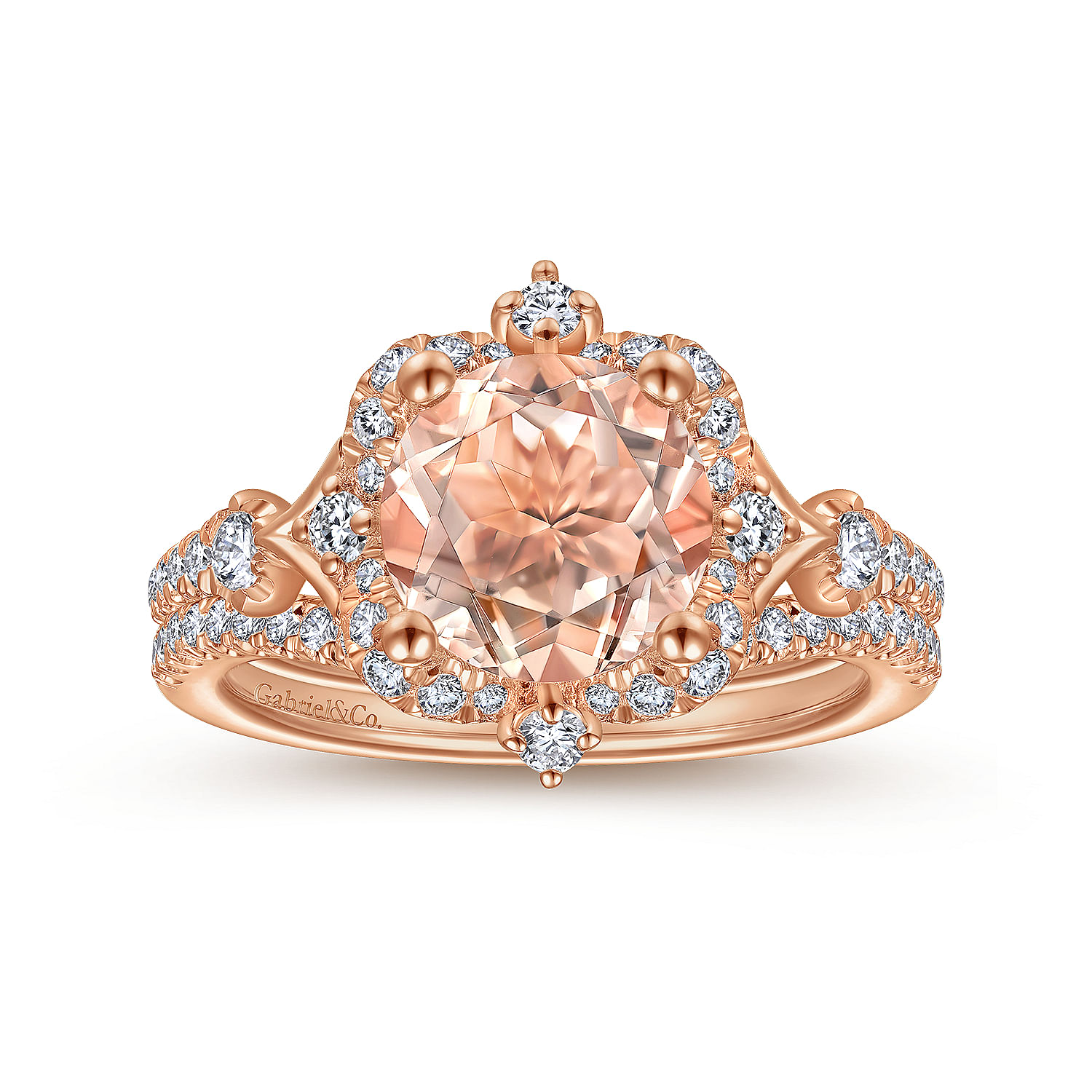 Vintage Inspired 14K Rose Gold Round Halo Morganite and Diamond Engagement Ring