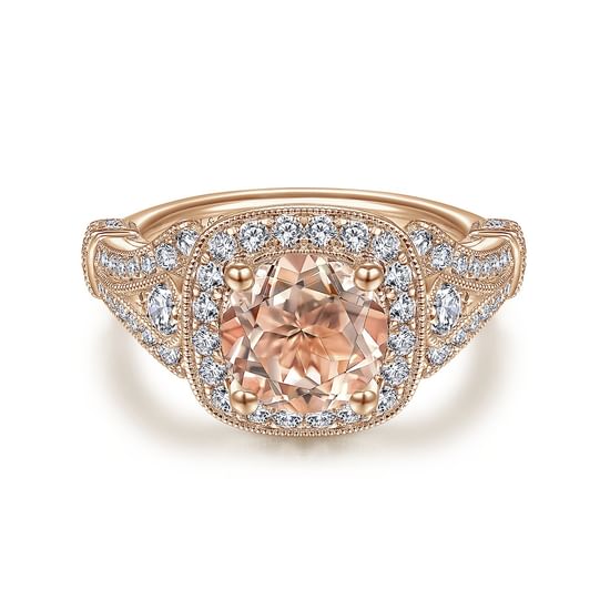 Gabriel - Vintage Inspired 14K Rose Gold Round Halo Morganite and Diamond Engagement Ring