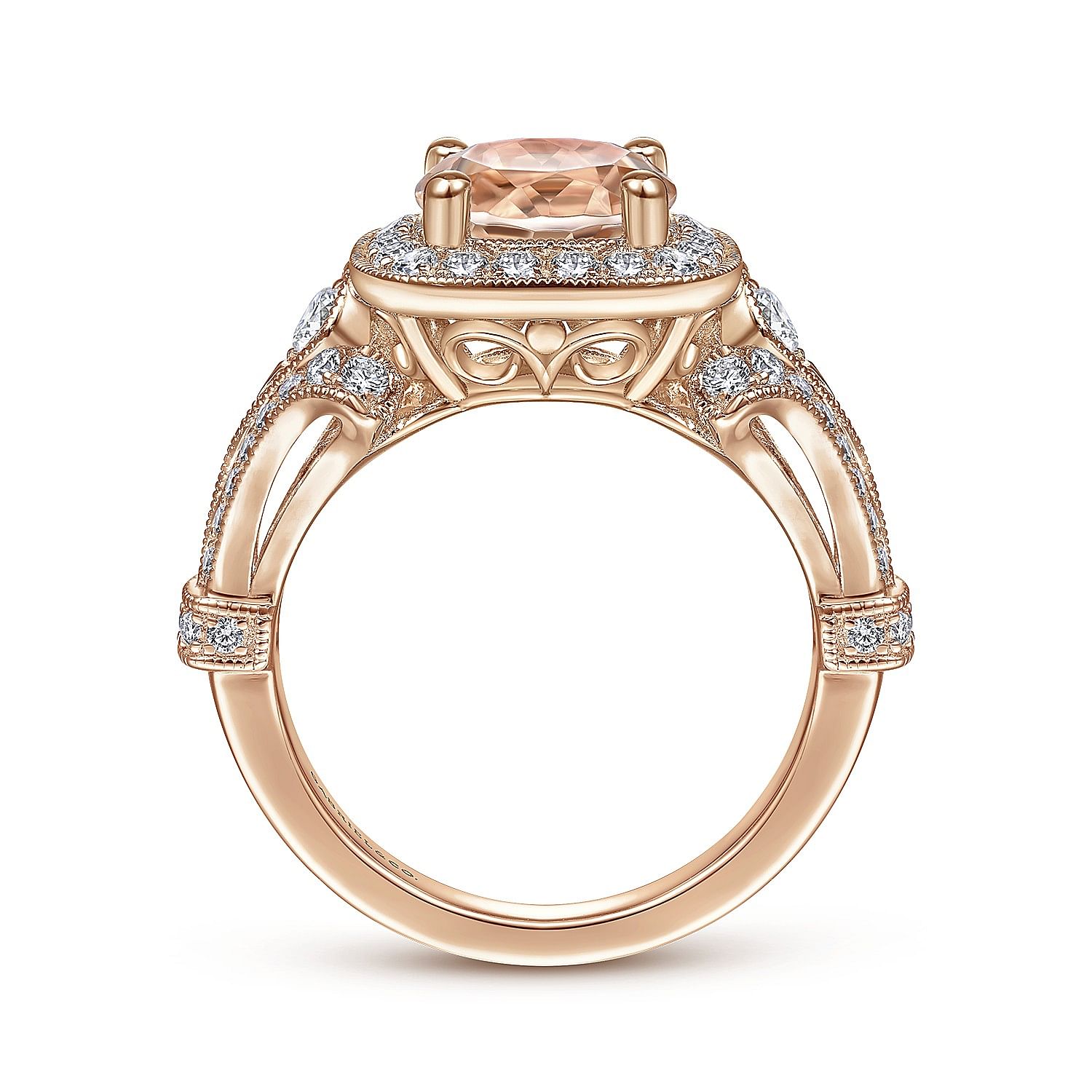 Vintage Inspired 14K Rose Gold Round Halo Morganite and Diamond Engagement Ring