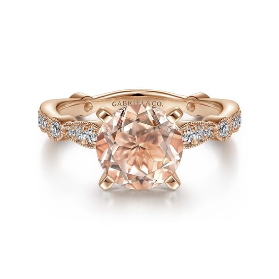 Gabriel - Vintage Inspired 14K Rose Gold Round Morganite and Diamond Engagement Ring