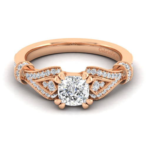 Vintage Inspired 14K Rose Gold Split Shank Cushion Cut Diamond Engagement Ring