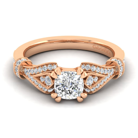 Gabriel - Vintage Inspired 14K Rose Gold Split Shank Cushion Cut Diamond Engagement Ring