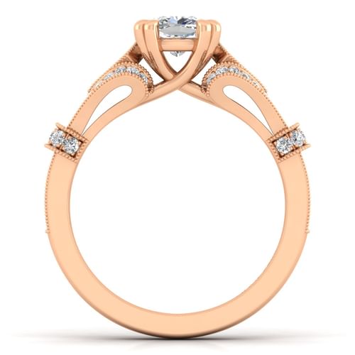 Vintage Inspired 14K Rose Gold Split Shank Cushion Cut Diamond Engagement Ring