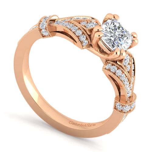 Vintage Inspired 14K Rose Gold Split Shank Cushion Cut Diamond Engagement Ring