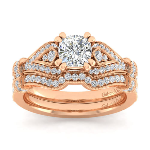 Vintage Inspired 14K Rose Gold Split Shank Cushion Cut Diamond Engagement Ring