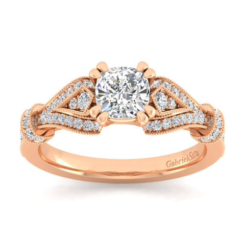 Vintage Inspired 14K Rose Gold Split Shank Cushion Cut Diamond Engagement Ring