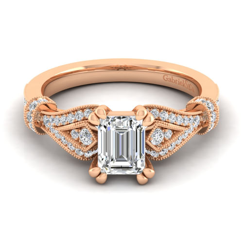 Vintage Inspired 14K Rose Gold Split Shank Emerald Cut Diamond Engagement Ring