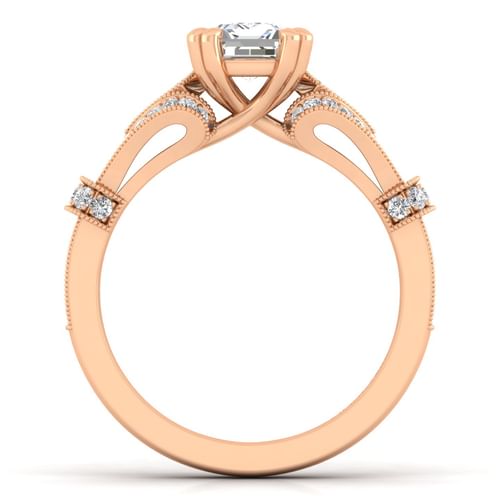 Vintage Inspired 14K Rose Gold Split Shank Emerald Cut Diamond Engagement Ring
