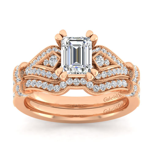 Vintage Inspired 14K Rose Gold Split Shank Emerald Cut Diamond Engagement Ring