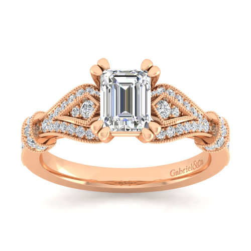 Vintage Inspired 14K Rose Gold Split Shank Emerald Cut Diamond Engagement Ring