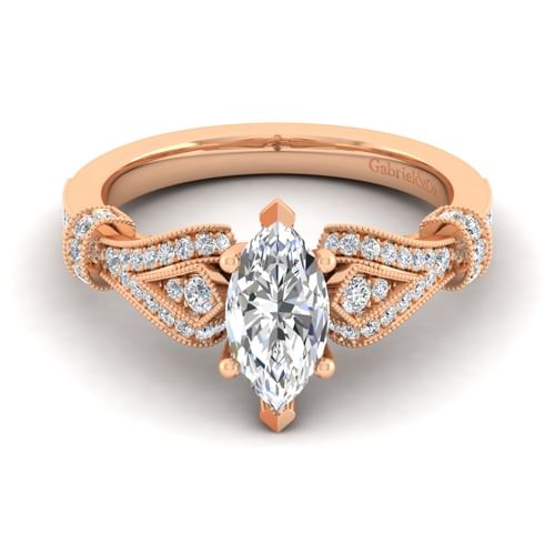 Vintage Inspired 14K Rose Gold Split Shank Marquise Shape Diamond Engagement Ring