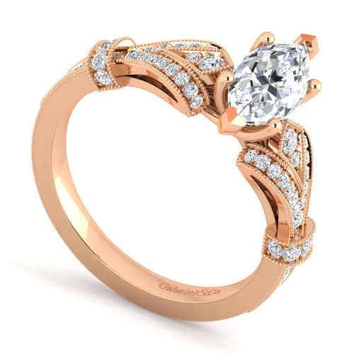 Vintage Inspired 14K Rose Gold Split Shank Marquise Shape Diamond Engagement Ring