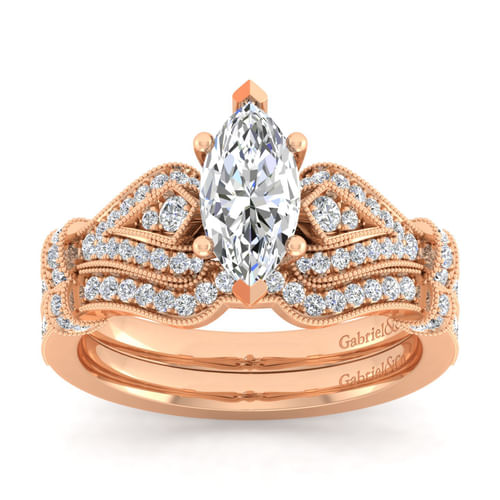 Vintage Inspired 14K Rose Gold Split Shank Marquise Shape Diamond Engagement Ring