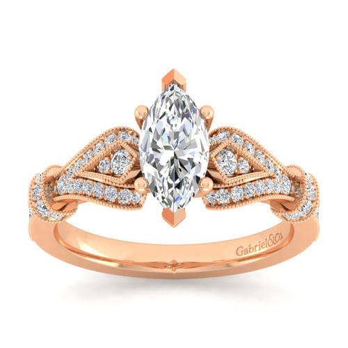 Vintage Inspired 14K Rose Gold Split Shank Marquise Shape Diamond Engagement Ring