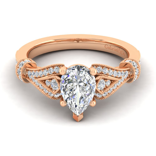 Vintage Inspired 14K Rose Gold Split Shank Pear Shape Diamond Engagement Ring