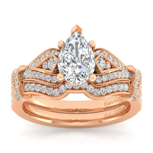 Vintage Inspired 14K Rose Gold Split Shank Pear Shape Diamond Engagement Ring