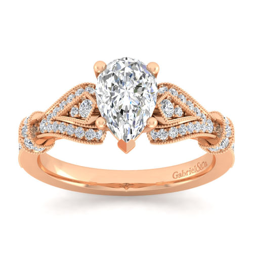 Vintage Inspired 14K Rose Gold Split Shank Pear Shape Diamond Engagement Ring