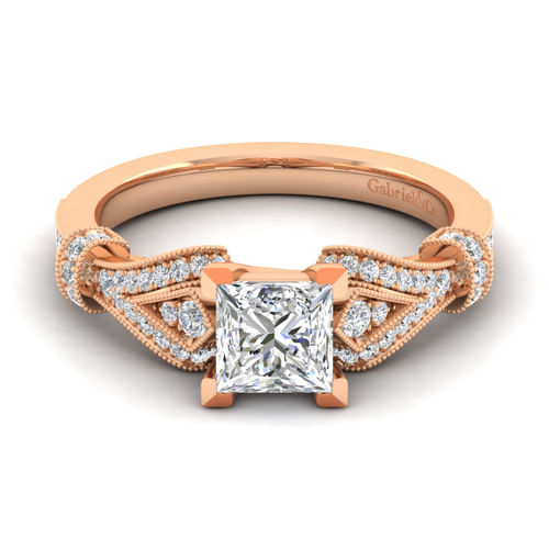 Vintage Inspired 14K Rose Gold Split Shank Princess Cut Diamond Engagement Ring