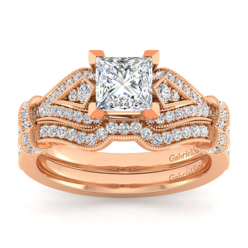 Vintage Inspired 14K Rose Gold Split Shank Princess Cut Diamond Engagement Ring