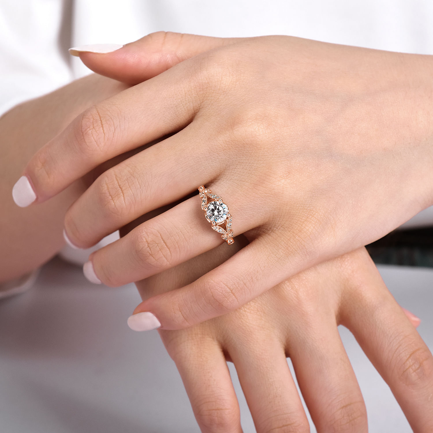 Vintage Inspired 14K Rose Gold Split Shank Round Diamond Engagement Ring