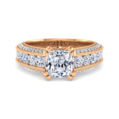 Vintage Inspired 14K Rose Gold Wide Band Cushion Cut Diamond Channel Set Engagement Ring