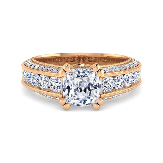 Gabriel - Vintage Inspired 14K Rose Gold Wide Band Cushion Cut Diamond Channel Set Engagement Ring
